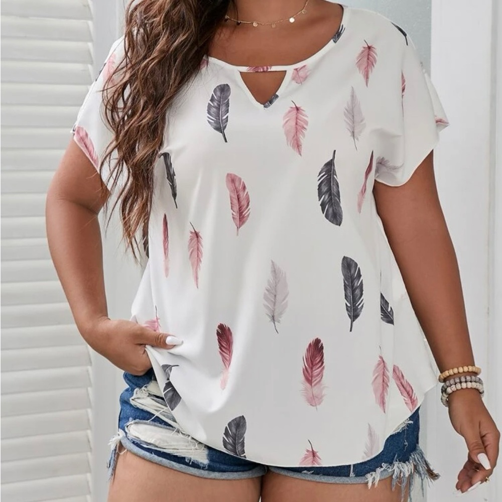 Feather Print Keyhole Dolman Shirt Plus Size 4x Sleeve Blouse NEW Boho Chic